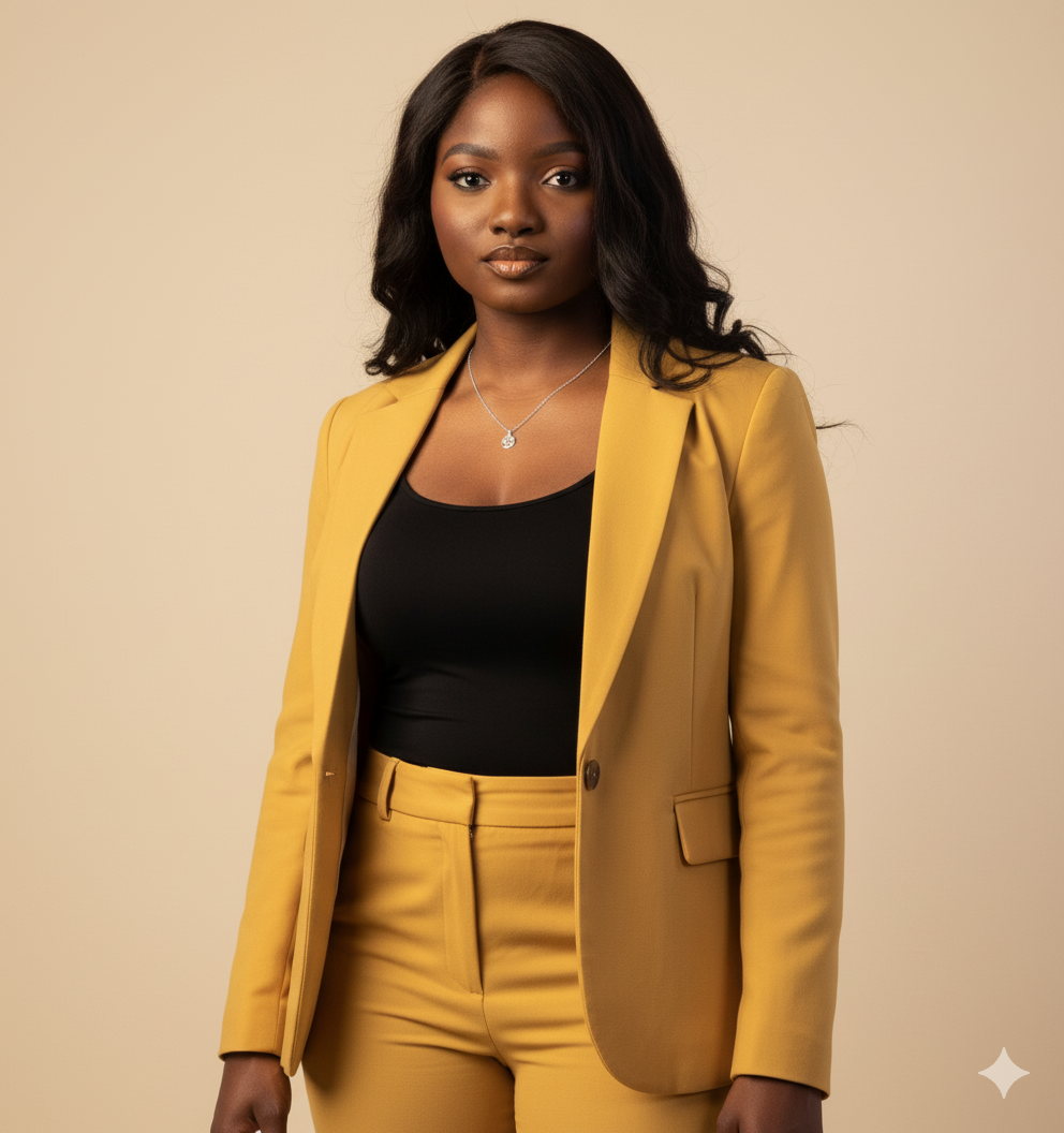 Grace Ajagbe, founder of LiterallyGlobal, in a gold suit